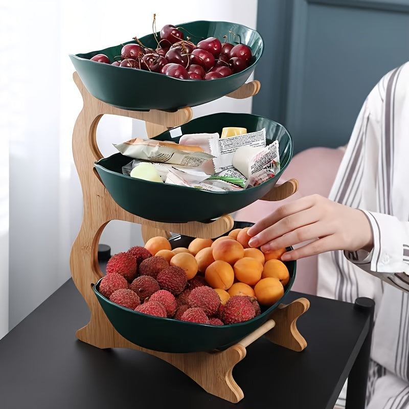 Wood Tiered Fruit Stand with Bowls - Modern Kitchen Counter Organizer