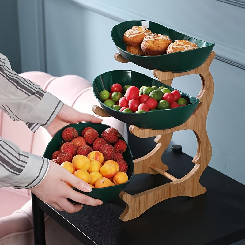 Wood Tiered Fruit Stand with Bowls - Modern Kitchen Counter Organizer